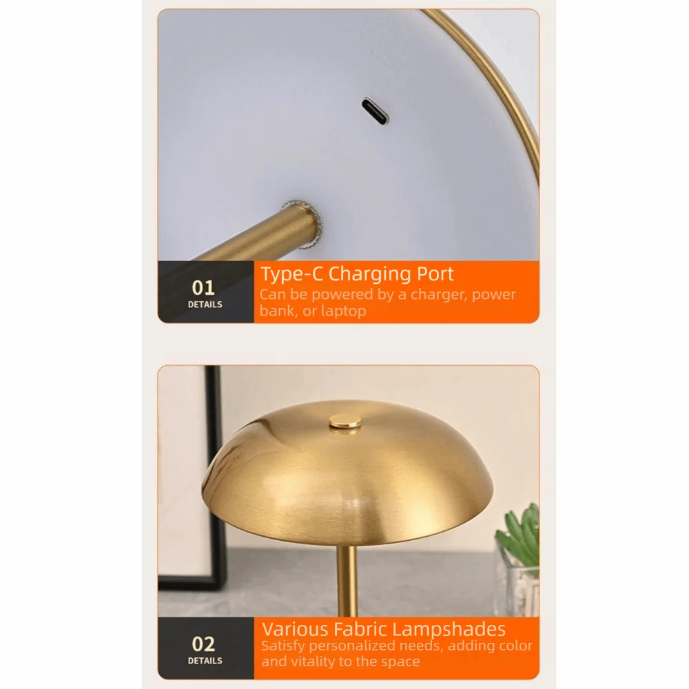 3-Color Lights Mushroom Table Lamp Touch Control Eye-Caring Light Metal Bedside Lamp Stepless Dimmable Non-slip Bottom